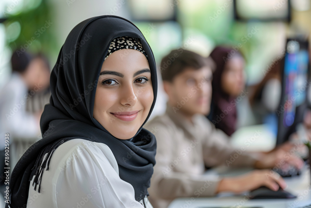 Close-up of a woman with hijab smiling in an office setting Close-up of a woman with hijab smiling in an office setting