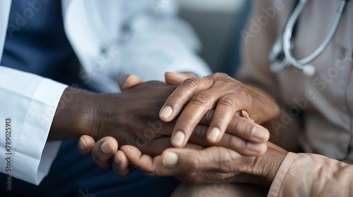 Close up of african american doctor and senior caucasian patient holding hands : Generative AI