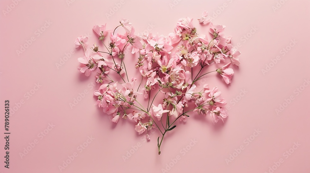 Heart shape made with pink natural spring flowers Love or Mothers day minimal concept Valentines day or 8 March idea Flat lay : Generative AI