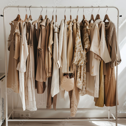 a rack of womens clothing, neutral tone shirts and blouses hung up, ui, ui/ux, photoshoot quality views, pinterest aesthetic, clothing rack in the middle of the room Ai generative 