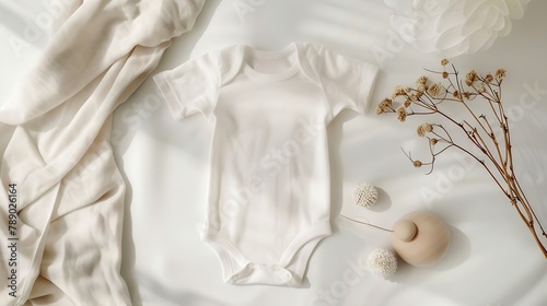 White newborn bodysuit mockup for baby or pregnancy announcement design presentation top view neutral colors bohemian style flat lay : Generative AI