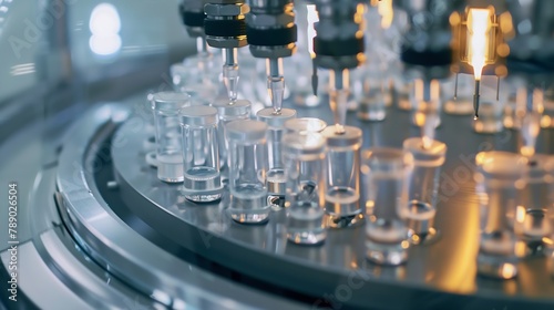 Closeup of Medical Ampoule Production Line at Modern Modern Pharmaceutical Factory Medication Manufacturing Process : Generative AI
