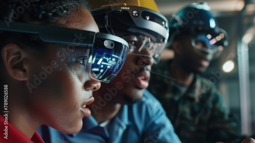 A close-up of a group of engineers using augmented reality glasses to collaborate on a design project