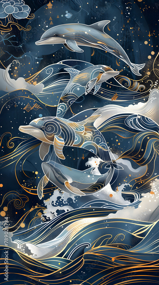 Elegant golden dolphins leap and swim among blue waves and geometric designs, conveying oceanic walpaper