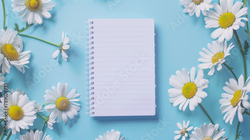 top view photo of a blank notebook and daisies on a blue background. mockup for text or design © Rangga Bimantara