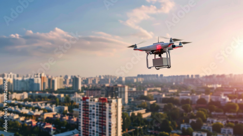 A delivery drone flies over a city landscape, delivering a package to a customer's doorstep