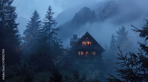 Illuminated Wooden house in the forest with the foggy mountains in the background at dusk
