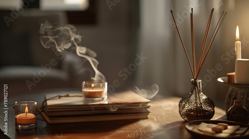 Composition with incense sticks diffuser candles and books on the table in the interior of the room : Generative AI