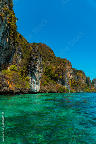 Large rock cliffs covered with green trees face directly to the vast Andaman Sea. The view of rock cliffs and the ocean is an icon of tropical tourism on Phi-phi Island in Thailand