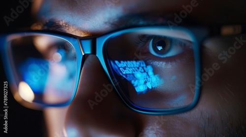 Focused developer coder wears glasses working on computer looking at programming code data cyber security digital tech reflecting in spectacles developing software program focus on eye : Generative AI