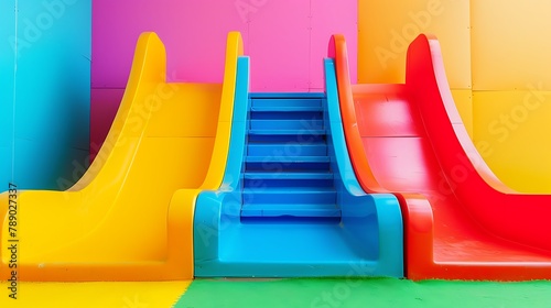 Plastic slide is a toy that children be satisfied on colored background © Emma