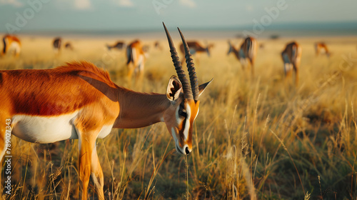A majestic impala gracefully forages in the golden light of the African savannah, with a herd in the background