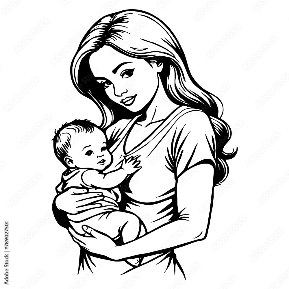 Black and white illustration. Mother's Day card design. Fictional characters. Generated by Ai Black and white illustration. Mother's Day card design. Fictional characters. Generated by Ai
