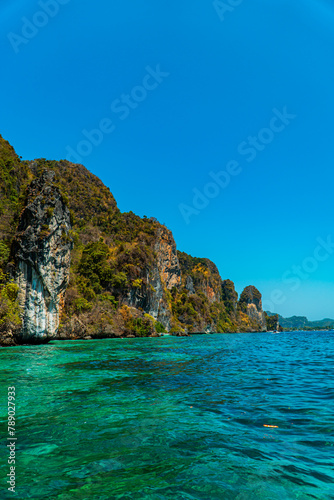 Large rock cliffs covered with green trees face directly to the vast Andaman Sea. The view of rock cliffs and the ocean is an icon of tropical tourism on Phi-phi Island in Thailand