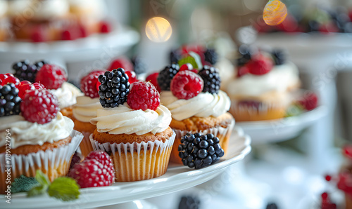 Selection of Decorated Cupcakes with Fresh Berries, Generative AI
