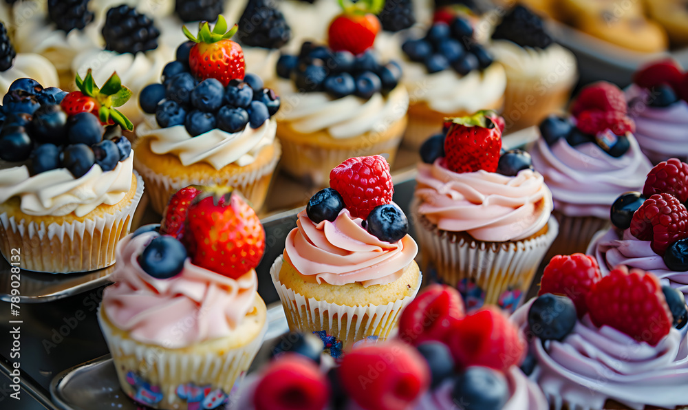Selection of Decorated Cupcakes with Fresh Berries, Generative AI Selection of Decorated Cupcakes with Fresh Berries, Generative AI