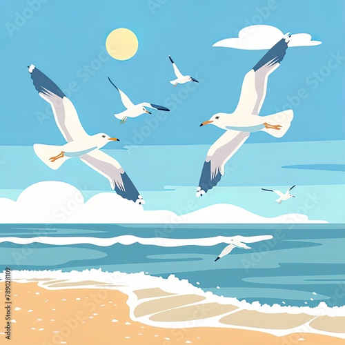 A serene illustration capturing the freedom of seagulls soaring in the sky above a gently lapping sea under the bright, sunny sky..