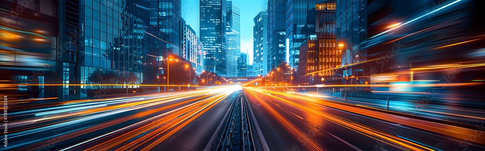 Naklejka premium Digital art concept depicting modern cityscape with high-rise buildings. Dynamic light streaks evoke a sense of high-speed 5G connectivity.