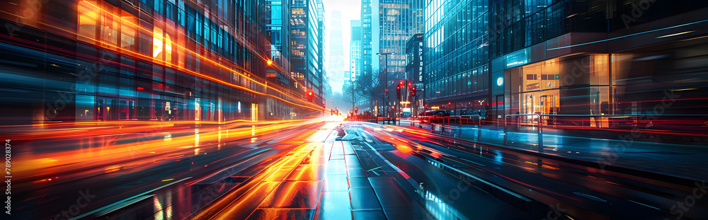 Digital art concept depicting modern cityscape with high-rise buildings. Dynamic light streaks evoke a sense of high-speed 5G connectivity.