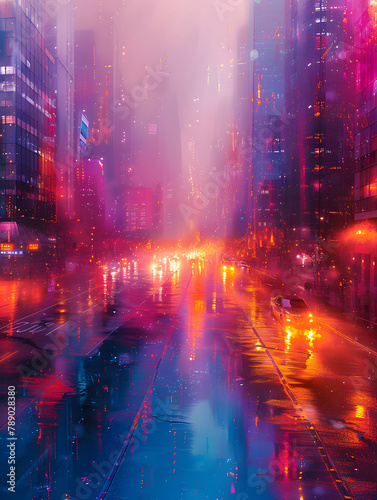 Digital art concept depicting modern cityscape with high-rise buildings. Dynamic light streaks evoke a sense of high-speed 5G connectivity.
