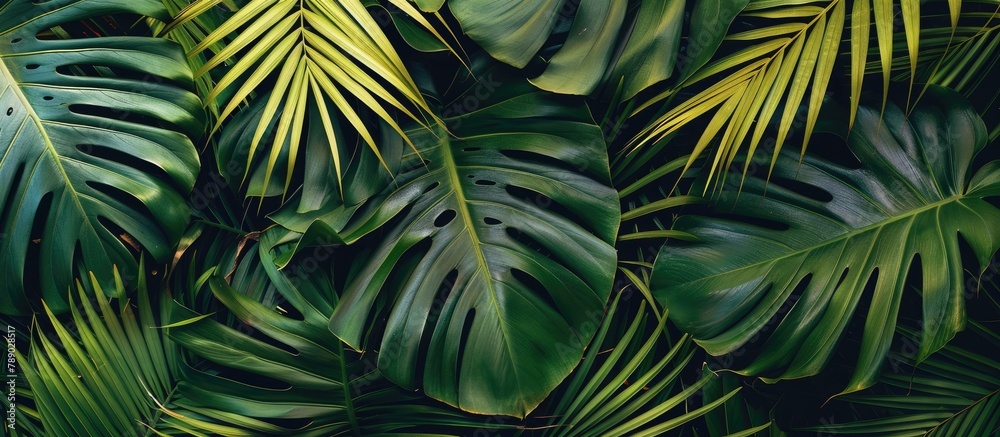 Fototapeta premium Flat lay view of tropical palm leaves from above