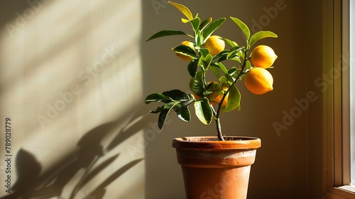 Potted citrus plant with ripe yelloworange fruits copy space Closeup of indoor growing lemon Volcameriana tree  Elegant home decor template Home gardening hobby   Generative AI