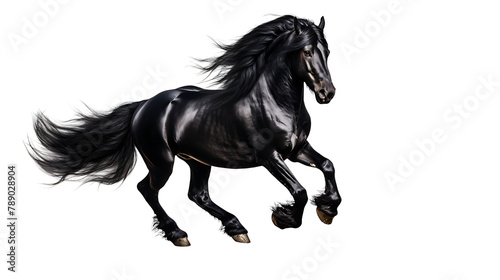 Black Friesian Horse Galloping  Full Body Shot on a white background