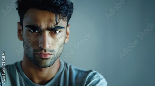 Closeup portrait of hispanic indian male serious young student man freelancer model stand indoor posing at camera with confident deep look millennial ethnic handsome brunet guy show fa : Generative AI
