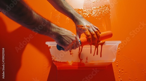 Closeup of a mans hand picking up paint with a roller from a plastic tray to paint a wall orange Closeup : Generative AI photo