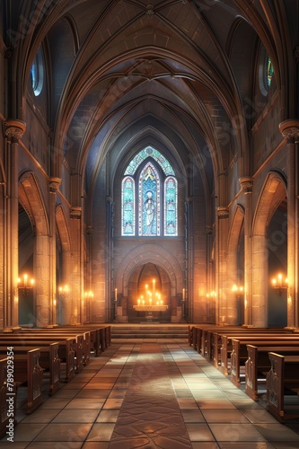 Candlelit cathedral interior, soft stained glass light, wide angle, spiritual solace © ItziesDesign