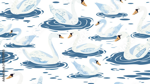Seamless pattern with flock of white swans and cygnet photo