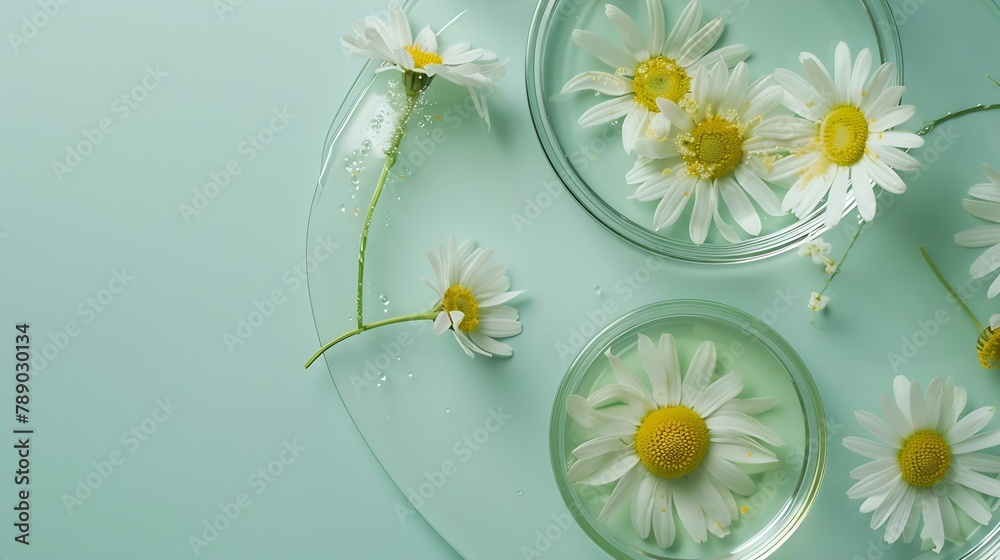 Top view of camomile matricaria chamomilla decorated in petri dish and transparent podium with blank space in laboratory background for design advertising flat lay : Generative AI - obrazy, fototapety, plakaty 
