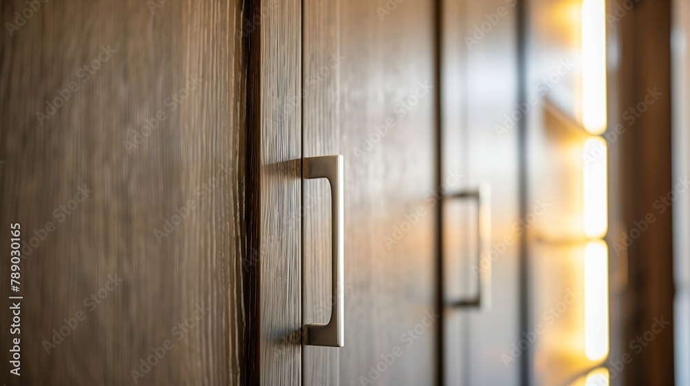 Obraz premium Cabinet detail closeup Modern wooden wardrobe with hinged doors Metal handle on the cabinet door Modern furniture : Generative AI