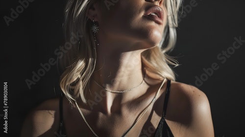 Attractive blonde woman in a black silk tank top and neck jewelry : Generative AI