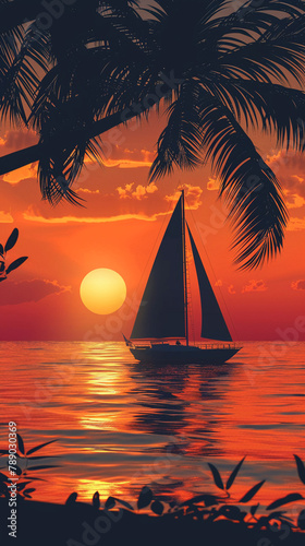 Charming 3D vector illustration of a sunset cruise seen from the beach, silhouette of a sailboat against the orange sky, photo