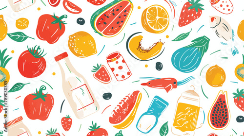 Seamless pattern with grocery food on on white background