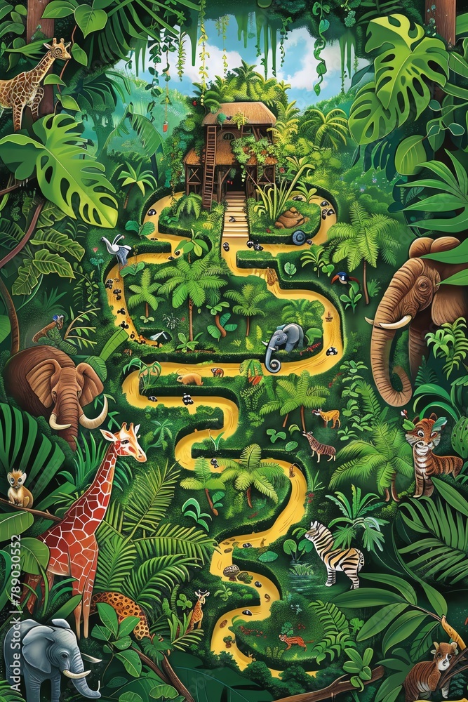 Jungle Adventure Maze Navigate through dense foliage and past exotic animals to reach the jungle hut Ideal for engaging kids with wildlife themes