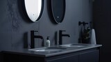 Close up of double basin with oval mirror hanging in on dark gray wall modern cabinet with black faucets in minimalist bathroom : Generative AI