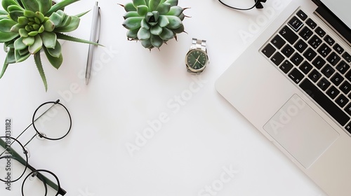 Flat lay top view office table desk frame feminine desk workspace with laptop diary succulent glasses watch on white background : Generative AI photo
