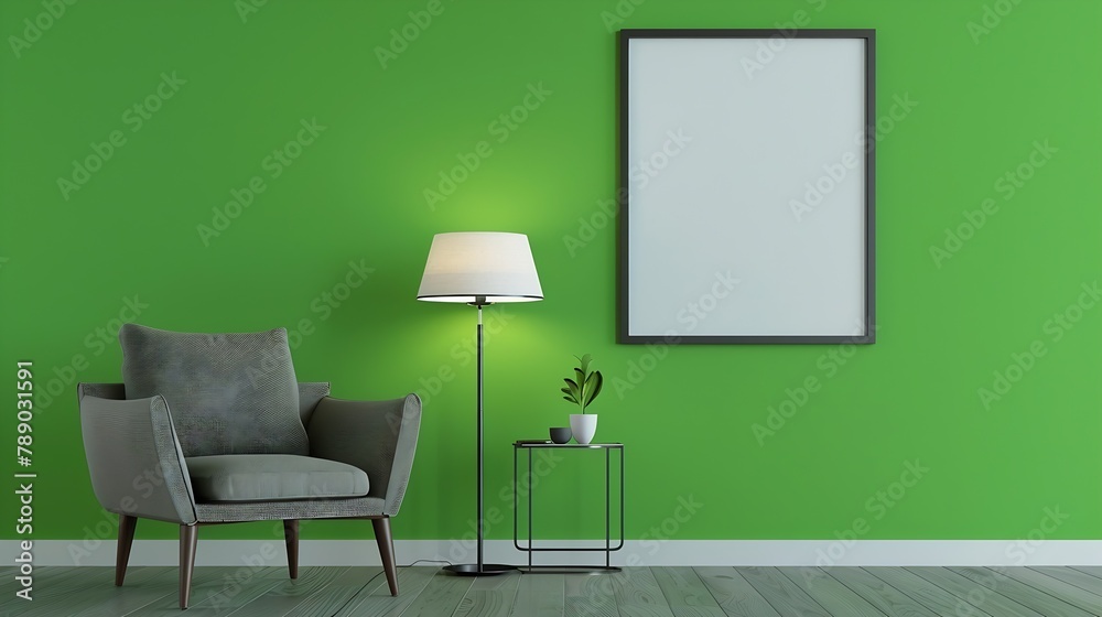 Green living room wall background with grey decorative chair lamp frame middle table and poster style : Generative AI