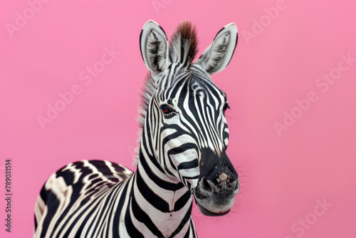 close up of portrait of zebra on pink background