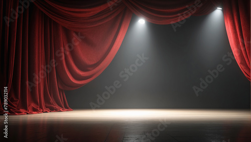 Velvet red theater curtain with spotlights, mockup, background, stage.