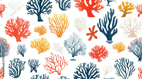 Seamless pattern with various corals and seaweed or a