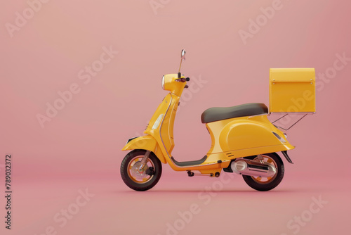 3d rendering of a yellow scooter with a cargo box on the back isolated on a pastel background. delivery food concept