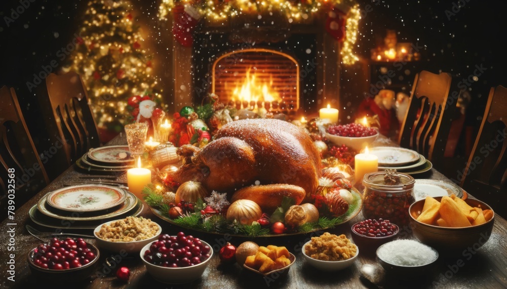 Festive Christmas Dinner Table by Fireplace
