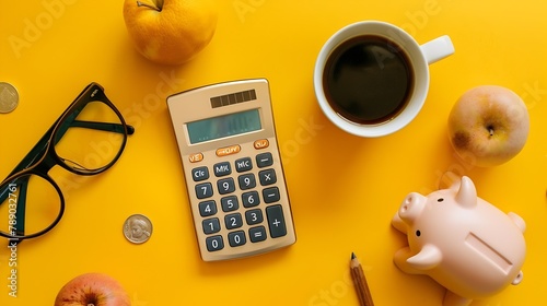 Calculator and coffee cup piggy bank on a yellow background Business cocnept Top view Flat lay : Generative AI photo
