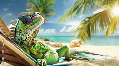 A lizard is laying on a beach chair with sunglasses on its head. The scene is bright and sunny, and the lizard appears to be enjoying the warm weather. a lizard relaxing on the beach during vacation. photo
