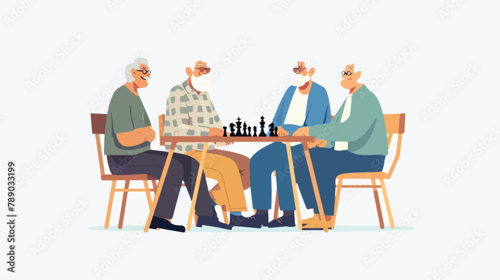 Senior people playing chess game sitting at table. Ol