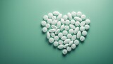 Flat lay image of pills in the shape of a heart on green background : Generative AI