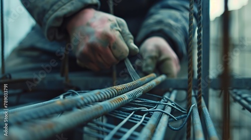 A worker uses steel tying wire to fasten steel rods to reinforcement bars Closeup Reinforced concrete structures knitting of a metal reinforcing cage : Generative AI